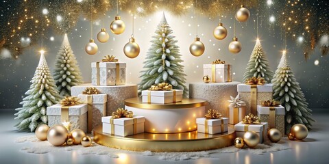 Luxurious Christmas podium display with shimmering lights, adorned with gift boxes, Christmas tree, gold and white ornaments, and snow, perfect for premium product showcases.