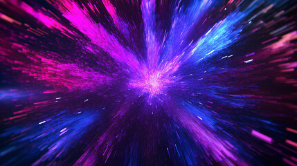 dynamic visual of lines radiating outwards from a central point, creating an explosion-like effect. These lines are colored in hues of purple, blue, and pink, and they appear to be moving