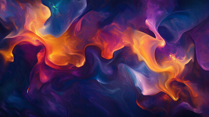 Fototapeta premium interplay of vibrant colors, resembling swirling smoke or ink drops in a dark void. The dominant hues are deep purples, fiery oranges, and rich blues, creating a visually captivating contrast