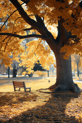 A serene autumn park with a wooden bench under a large tree with golden leaves.