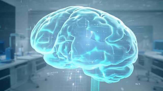 A holographic representation of the human brain is exhibited in a modern laboratory equipped with advanced technology.