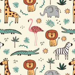Seamless cute jungle animal pattern with lions, elephants, giraffes, and floral elements on a light background
