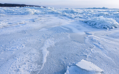 Landscape with frozen Baltic Sea coast on a sunny winter day