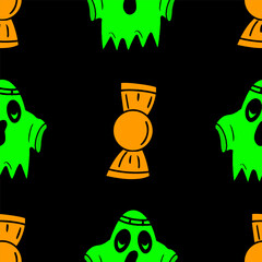 Seamless vector Halloween pattern with cartoon spooky ghosts and candys isolated on black background