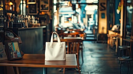 Obraz premium Just inside a bustling cafe, the white Tote Bag rests casually on a bistro table, amidst the lively atmosphere of the space.