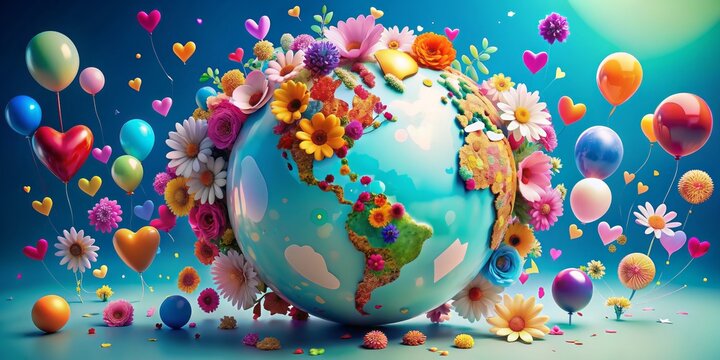 Vibrant 3D background featuring colorful flowers, balloons, and confetti surrounding a large globe, symbolizing unity, love, and kindness on World Kindness Day celebrations.
