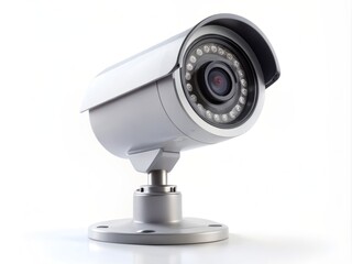A solo, modern security camera stands upright on a pristine white background, its sleek design and lens prominent, conveying surveillance and monitoring technology.