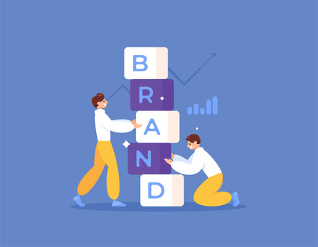 branding concept. Branding strategy and developing a brand. illustration of a team creating and building a brand. business and efforts. flat style design. graphic elements