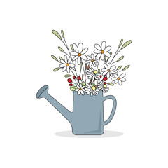 Vector illustration of spring flowers in a garden watering can