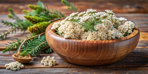 A delicate arrangement of dried yarrow flowers and leaves rests in a rustic wooden bowl, evoking a sense of natural healing and tranquility.