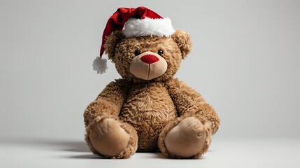 A brown teddy bear wearing a red Santa hat sits against a white background.