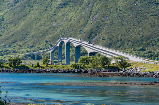Gimsoystraumen bridge on the Lofoten islands in Northern Noway with mountain behind