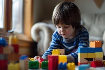 A neat-haired young boy is immersed in playing with colorful wooden blocks in a comfortable indoor setting, indicating focused and creative early childhood play.