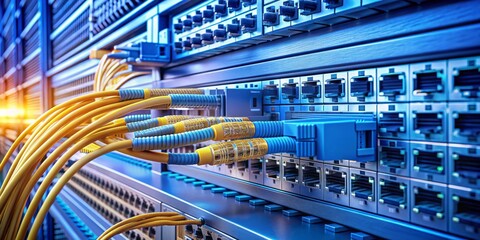 Highly detailed close-up of network cables interconnected on a sleek fiber optical background, highlighting the critical infrastructure of a modern data center operation.