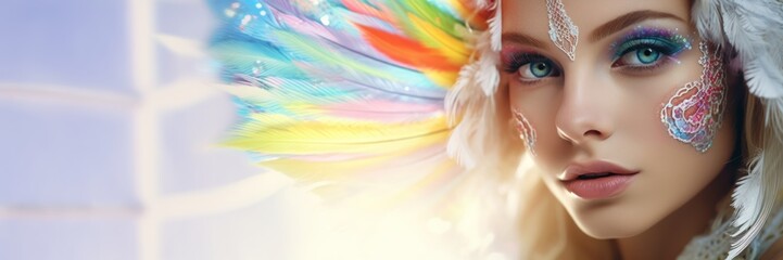 A beautiful woman in the psychedelic rainbower goddess beauty white holy fashion dessous style background, ai generated