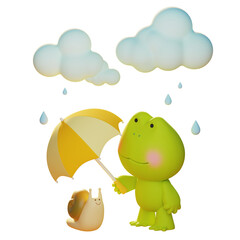 frog giving an umbrella to a snail on a rainy day