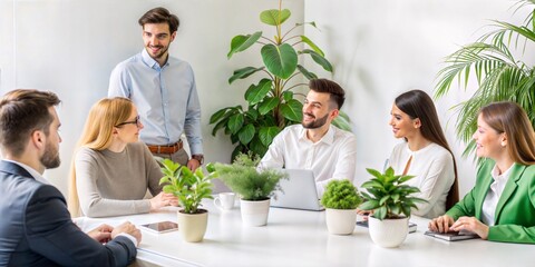 A diverse team of professionals collaborates in a modern, eco-friendly office filled with lush plants. The focus is on teamwork, sustainability, and a positive work environment.