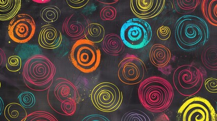 Fototapeta premium Brightly colored spirals and abstract shapes decorate a chalkboard, showcasing creativity and artistic expression in a lively classroom setting. Generative AI