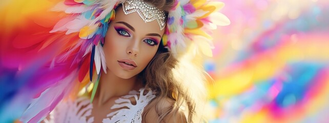 A beautiful woman in the psychedelic rainbower goddess beauty white holy fashion dessous style background, ai generated