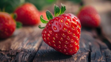 Close-up of a fresh strawberry on rustic wooden surface