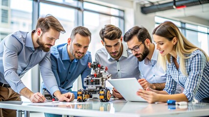 A diverse group of professionals gathered around a table, intently examining and discussing a small robot or mechanical device. The scene captures a moment of teamwork, creativity.