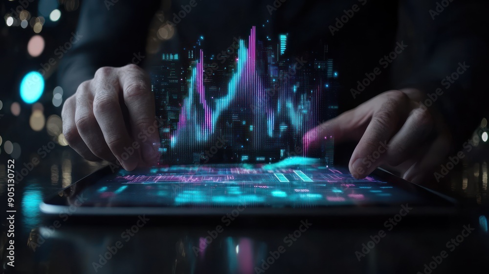 Poster person interacting with digital data on tablet