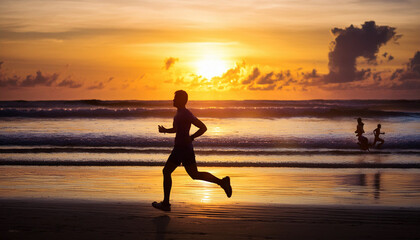  running background, sport and workout, silhouettes of people jogging at sunset beach