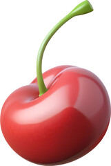 single shiny red cherry with green stem isolated on white background - 3d for food, drink, and dessert design.