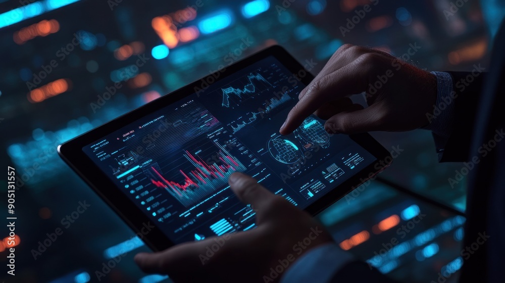 Aufkleber Person analyzing data on a digital tablet with glowing blue and red lights in the background.