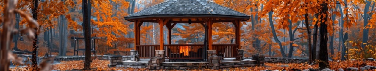 Cozy Autumn Terrace: An Enchanting Open-Faced Retreat Surrounded by Fall Foliage and Featuring Stone Wall Seating Around a Fire Pit.