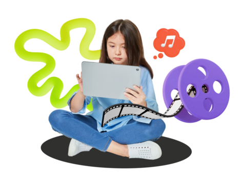 Girl playing tablet png, kids entertainment, 3D remix, transparent background