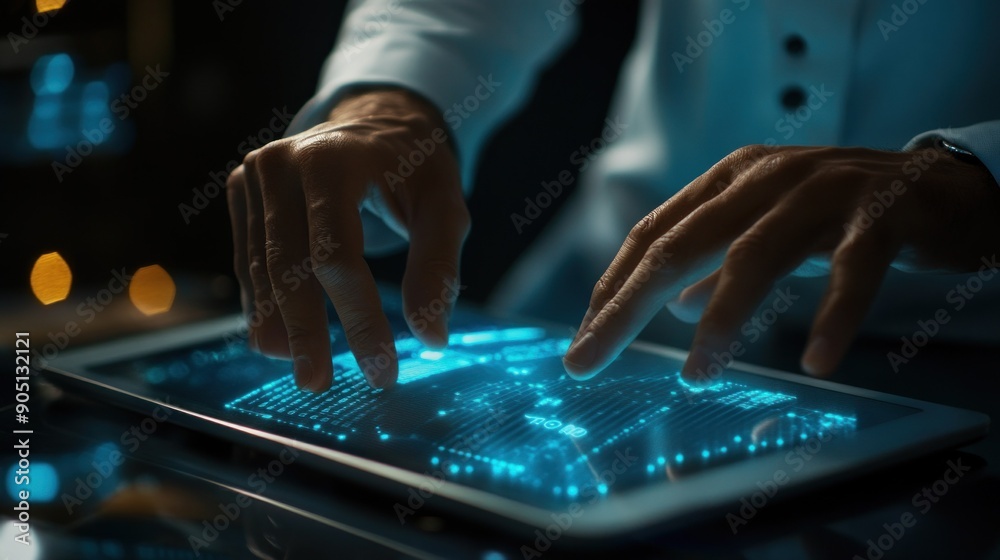 Poster Hands Interacting with a Glowing Digital Interface on a Tablet