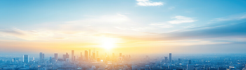 Fototapeta premium Stunning city skyline at sunrise with vibrant colors and a clear sky, offering a breathtaking view of urban life awakening.