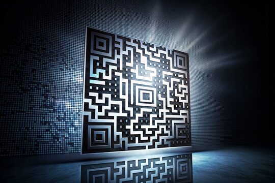 A high-contrast, modern QR code in black and white hues stands out against a dark, gradient background, exuding technology and innovative design elements.