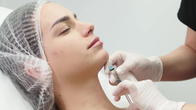 A cosmetologist wearing medical gloves performs a chin enhancement and facial contouring procedure. Video for a beauty salon. Concept of cosmetic injection treatments