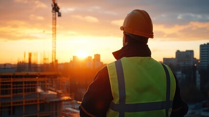 Construction Worker Looking at Sunset Over Cityscape