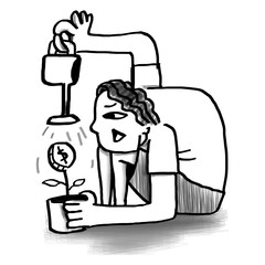 Man png growing money plant, finance doodle, transparent background