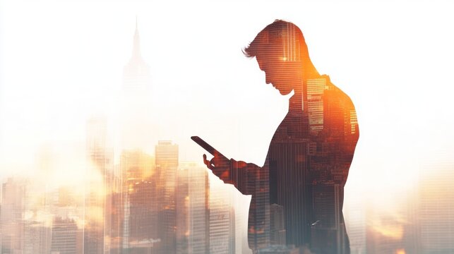 Silhouette of a Man Overlaid with a Cityscape During Sunset