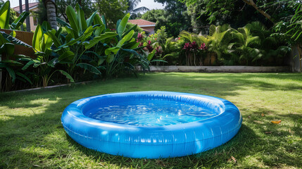 blue inflatable kid's pool in the backyard, surrounded by lush greenery and bright sunshine, summer outdoor activities
