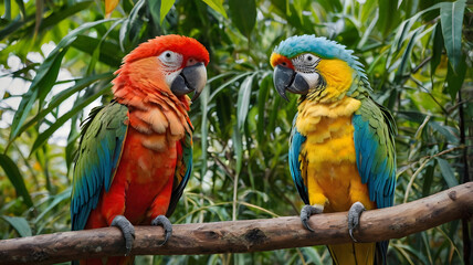 Obraz premium Two parrots are sitting on a branch, one is yellow and the other is red