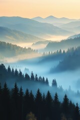 Obraz premium A beautiful mountain range with a foggy mist covering the trees. The mist creates a serene and peaceful atmosphere, making the scene feel calm and tranquil. The mountains are covered in a dense forest