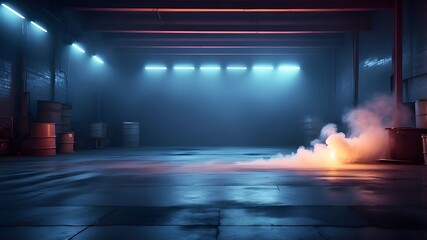 A dark, empty roadway, neon lights, spotlights, a deep blue background, and a dimly lighted, empty landscape The studio area features an asphalt floor, interior texturing, and smoke rising.
