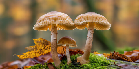 Fototapeta premium Close-up of three mushrooms sprouting from a moss-covered log with fallen autumn leaves, set against a blurred forest background