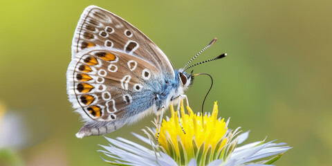 Obraz premium Macro of a butterfly perched on a flower, green background