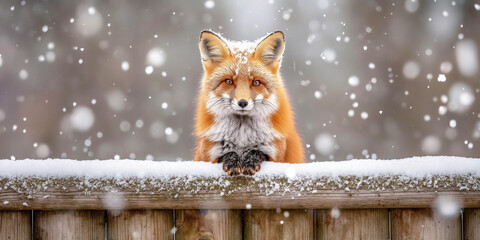 A red fox with snow-dusted fur peers over a wooden fence during a snowfall, set against a blurred, wintry background