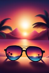 A beautiful, sunset view with sunglasses reflecting the beach. In the evening.Summer evening concept.