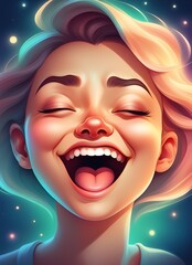 A young happy child with mouth wide open, eyes closed.