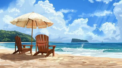 Obraz premium flat illustration of two chairs under a straw umbrella on a sandy beach, inviting visitors to relax and enjoy the view