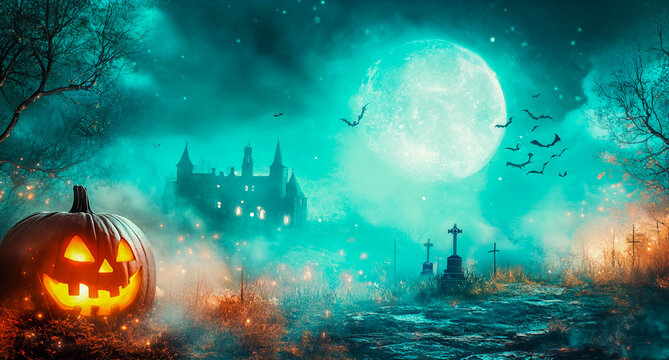 Fondo de noche de Halloween con un cementerio aterrador, faroles y luz de luna brumosa en un bosque fantasmal. Paisaje conceptual de Halloween con demonios y criaturas vamp&iacute;ricas sobre un fondo