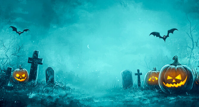 Fondo de noche de Halloween con un cementerio aterrador, faroles y luz de luna brumosa en un bosque fantasmal. Paisaje conceptual de Halloween con demonios y criaturas vamp&iacute;ricas sobre un fondo